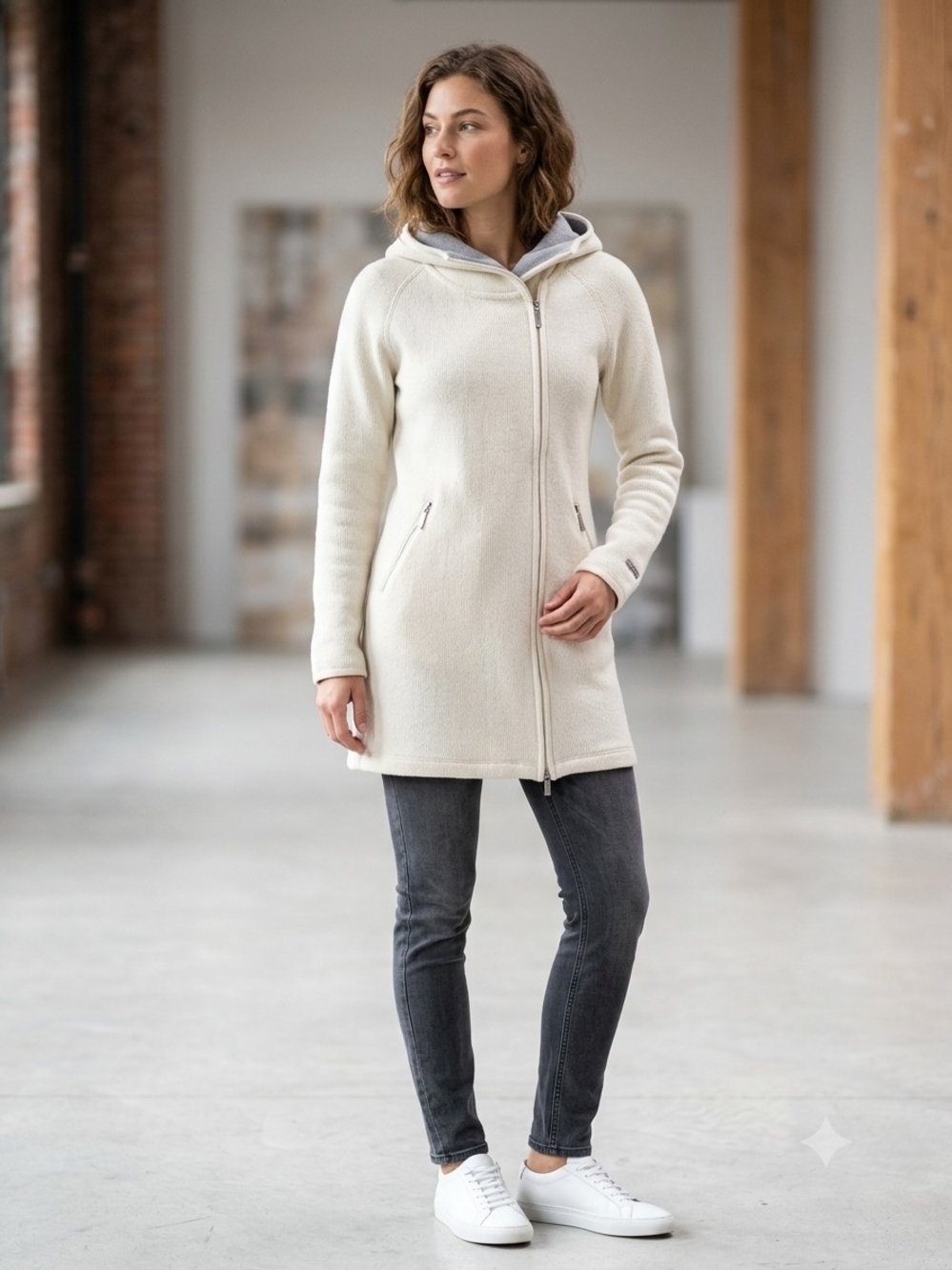 Bench Long Hooded Knit Women's Wool Blend Fleece Lined Jacket in Cream L